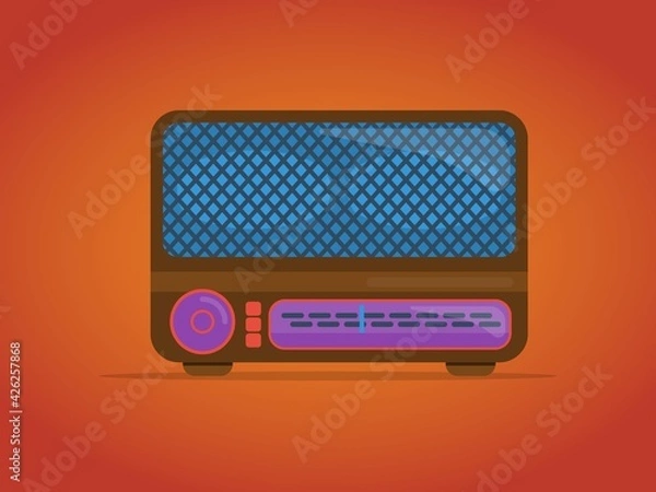 Fototapeta Radio or vintage radio icon on a red-orange background. Vector illustration in a flat style.