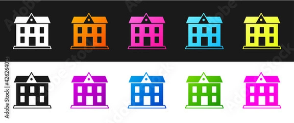 Fototapeta Set School building icon isolated on black and white background. Vector