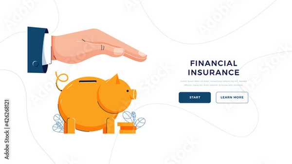 Fototapeta Financial insurance web template. Insurance agent's holding hand over the piggy bank to protect savings. Money protection, financial saving insurance concept for landing page. Flat vector illustration