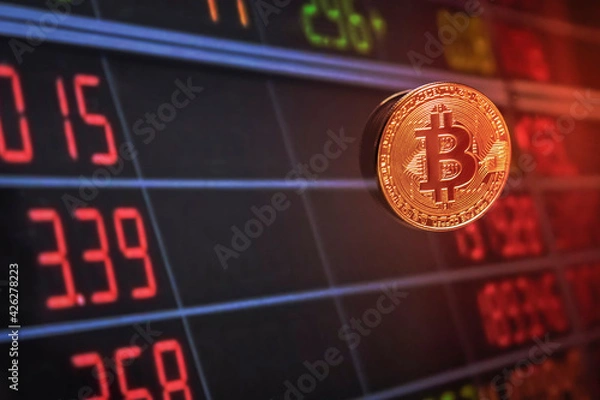 Fototapeta Golden Bitcoins and electronic money concept with graphs. Stock on business background