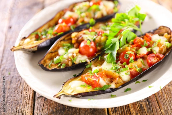 Obraz baked aubergine with tomato and mozzarella