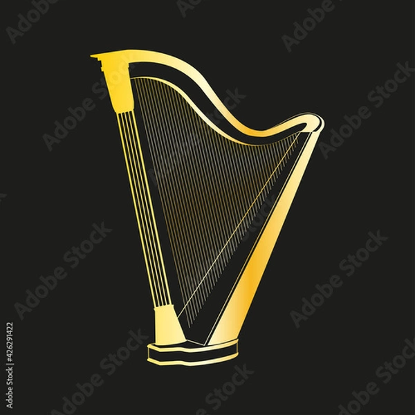 Fototapeta Vector golden harp silhouette isolated on black background.