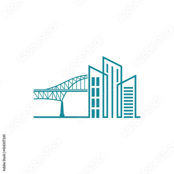 Fototapeta Bridge with Building logo design vector illustration, Creative Bridge logo design concept template, symbols icons