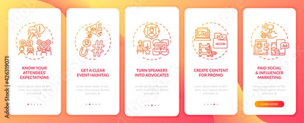 Obraz Remote event marketing tips onboarding mobile app page screen with concepts. Expectations, promo walkthrough 5 steps graphic instructions. UI, UX, GUI vector template with linear color illustrations