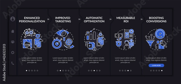 Fototapeta User behaviour analytics onboarding vector template. Responsive mobile website with icons. Web page walkthrough 4 step screens. Digital marketing dark mode concept with linear illustrations