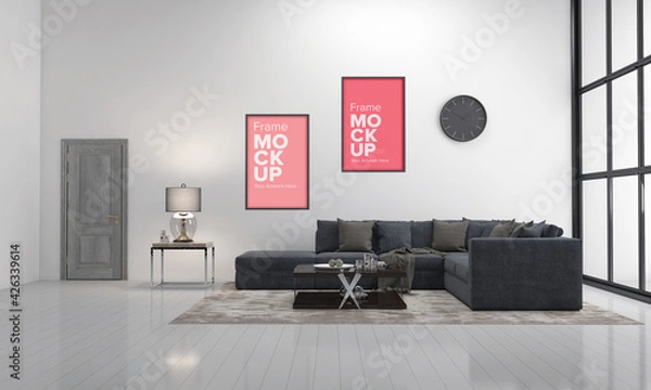 Fototapeta Realistic Frame Mockup of living room Interior sofa and couch with table