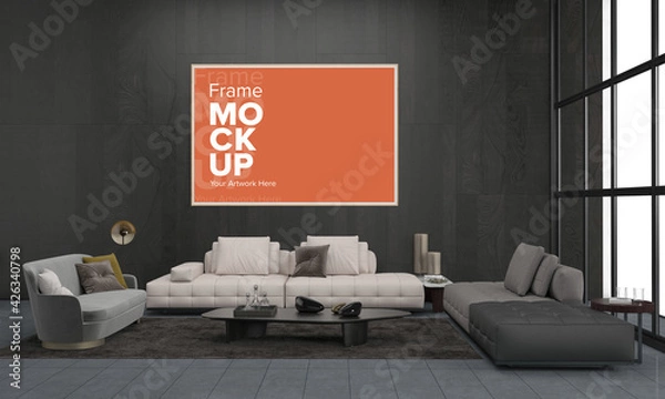 Fototapeta Realistic Frame Mockup of living room Interior sofa and couch with table