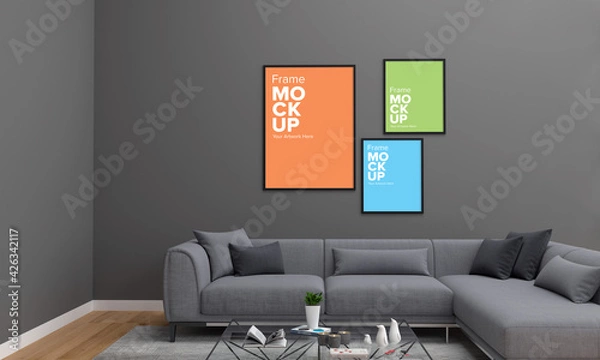 Fototapeta Realistic Frame Mockup of living room Interior sofa and couch with table