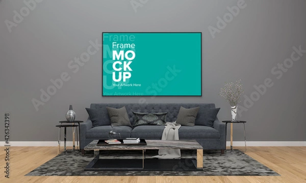 Fototapeta Realistic Frame Mockup of living room Interior sofa and couch with table