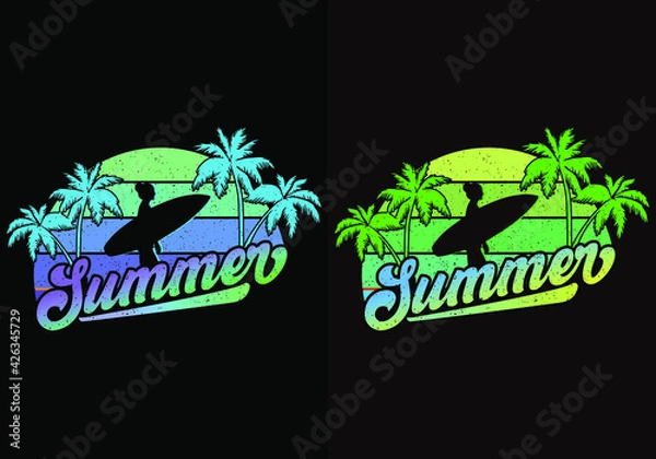 Fototapeta Summer Beach Retro Vintage Sunset-shirt Design, Vector, Palm Tree, Surfing, Summer, Icon, Logo