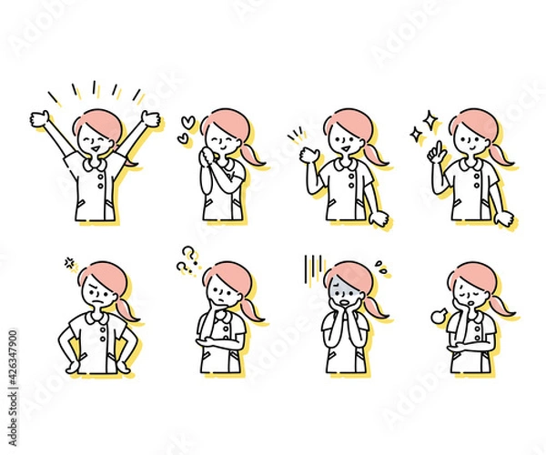 Obraz 白衣を着た女性看護師の感情表現イラスト（上半身）