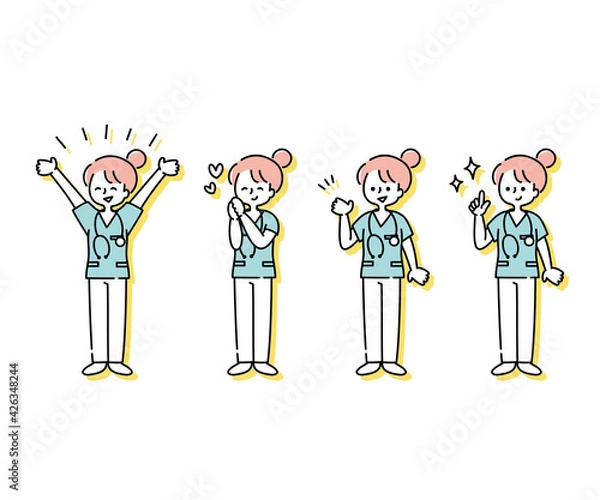 Obraz スクラブを着た女性看護師の感情表現イラスト（全身）