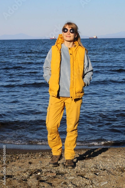 Fototapeta Trekking around volcanoes of Kamchatka in fall season. Northern pristine nature.