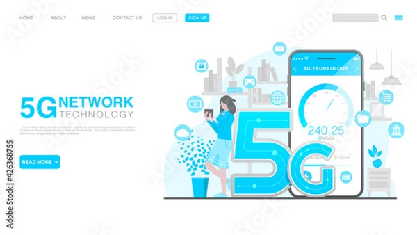 Fototapeta 5G Network Wireless Technology Concept. Landing Page in Flat Style. Vector EPS 10