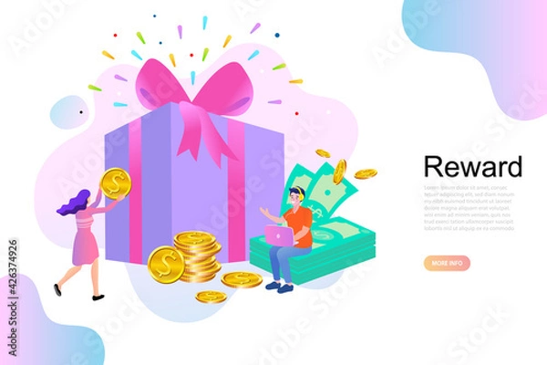 Fototapeta Woman and Man Standing near Gift Box. People Characters Receiving Online Reward. Loyalty reward points for purchase cashback program. Earn and get bonus signs. Vector Illustration.