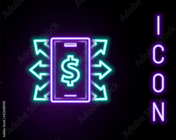 Fototapeta Glowing neon line Smartphone with dollar symbol icon isolated on black background. Online shopping concept. Financial mobile phone icon. Online payment. Colorful outline concept. Vector