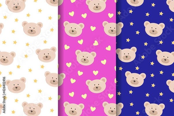Fototapeta set of three Seamless pattern of A funny bear Face and gold stars and hearts. Children s Wallpaper Vector illustration.