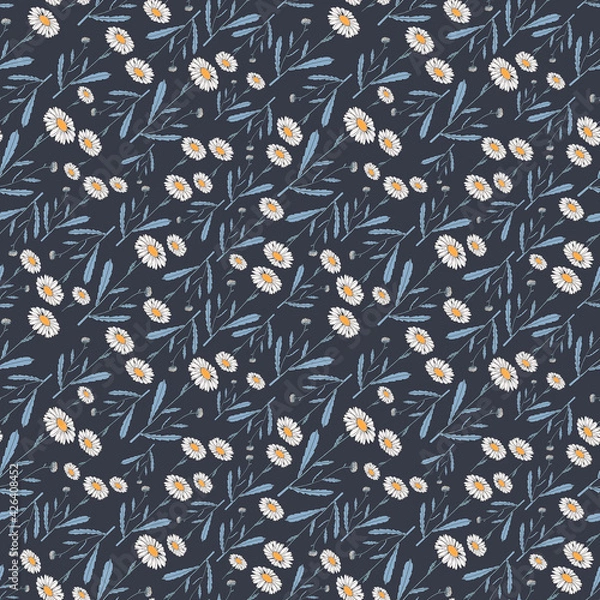 Fototapeta Seamless botanical dark pattern with daisies
