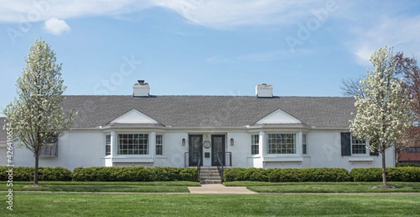 Obraz White Identical Duplex in Spring with Crabapple Trees 