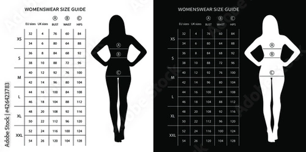 Fototapeta Size chart for women. Measurements for clothing. Women's EU sizes and UK sizes chart in sm.