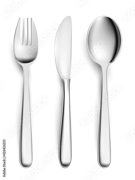 Fototapeta Fork, knife, spoon, table cutlery set, flat lay. Clean utensils for dinner, breakfast, supper or lunch vector illustration. Dining silverware isolated on white background, view from above