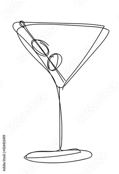 Fototapeta Vector illustration of glass with martini cocktail and olives in one line endless style. The element is isolated on a white background. Can be applied as a sticker, icon, logo.
