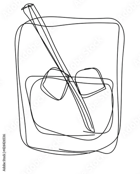 Fototapeta Vector illustration of glass with cocktail and ice cubes in one line endless style. The element is isolated on a white background. Can be applied as a sticker, icon, logo.