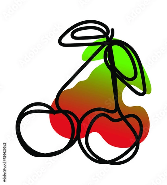 Fototapeta Vector illustration of cherry in one line endless style. Red-green abstract blot background. Can be applied as a sticker, icon, logo.