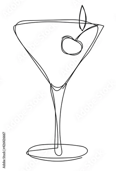 Fototapeta Vector illustration of glass with martini cocktail and cherry in one line endless style. The element is isolated on a white background. Can be applied as a sticker, icon, logo.