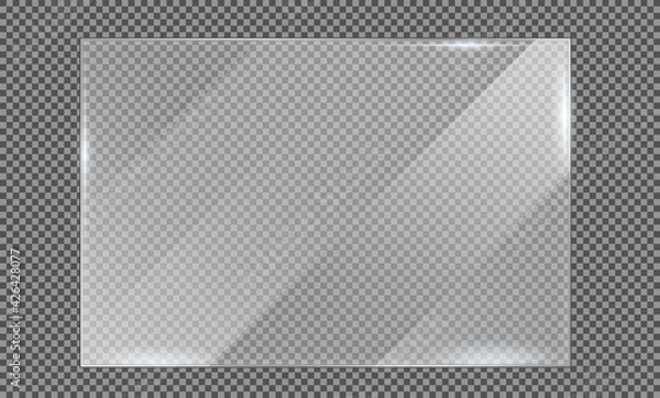 Fototapeta Glass plate on transparent background, clear glass showcase, realistic window mockup, acrylic and glass texture with glares and light, realistic transparent glass window in rectangle frame – vector