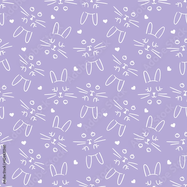 Fototapeta cute vector seamless pattern with hand-drawn bunnies and hearts. it can be used as wallpaper, poster, print for clothing, fabrics, textiles, notebooks, packaging paper, scrapbooking. doodle, sketch