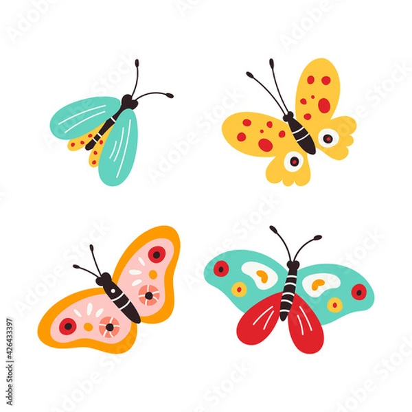 Fototapeta Set of butterflies, vector illustration isolated on white background