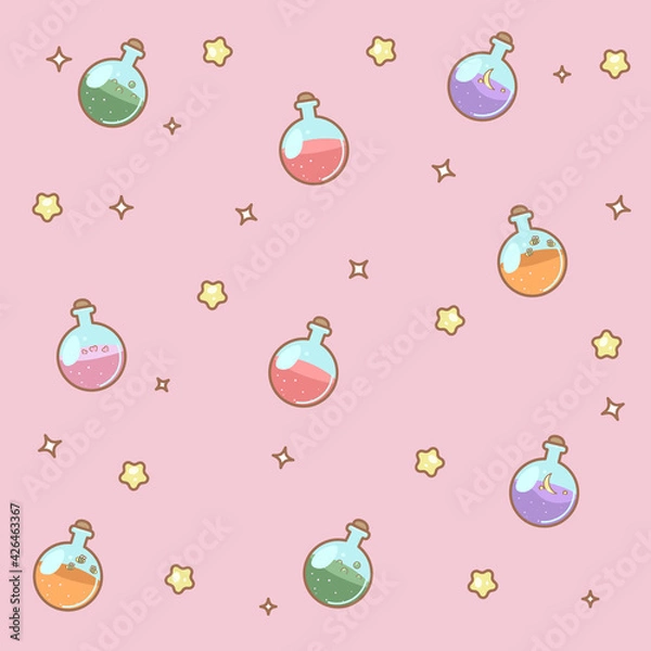 Fototapeta Cute pattern with a magic potion on a pink background.
