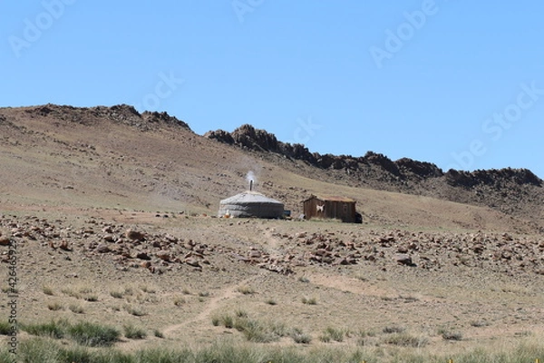 Fototapeta Beautiful landscape of Mongolia. Untouched nature in summer with grass and flowers. Mongolia, yurt, nomads, pastures.