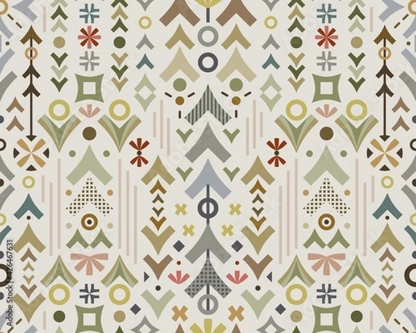 Obraz This conceptual geometric surface pattern celebrates outdoors adventure, representing woodland, forest, mountains, arrows, trees, teepee, camping, hiking, vacation in various shapes and neutral hues.