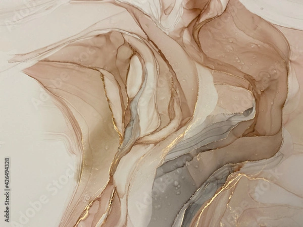 Fototapeta Abstract beige art with gold — pink background with brown, beautiful smudges and stains made with alcohol ink and golden pigment. Beige fluid art texture resembles petals, watercolor or aquarelle.