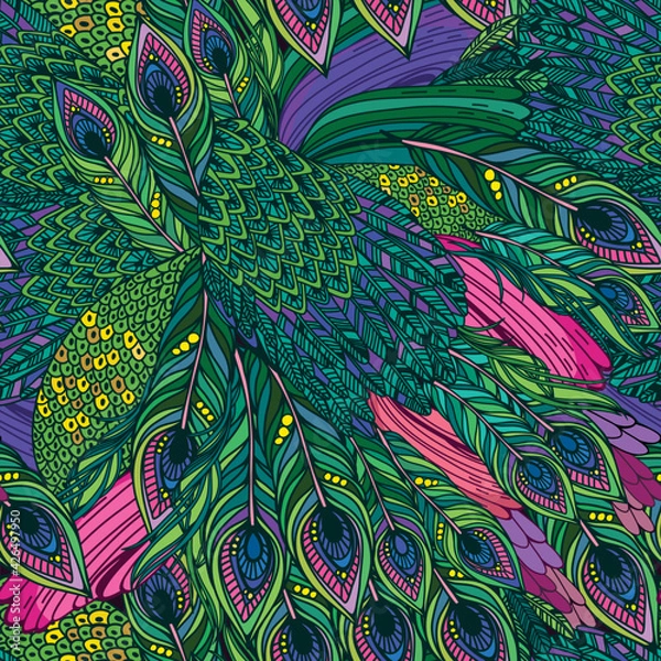 Obraz Vector seamless pattern of peacock feathers Endless background.Vector backdrop. Bright pattern. Use for wallpaper, web page background.
