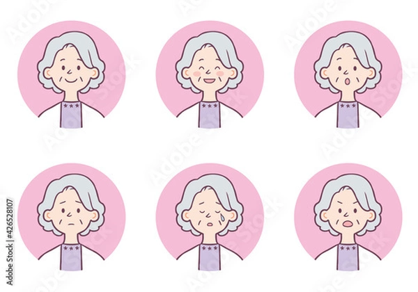 Obraz シニア　女性　顔　アイコン　表情セット