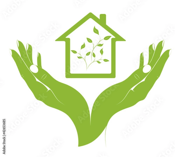 Fototapeta A symbol eco houses in female hands.