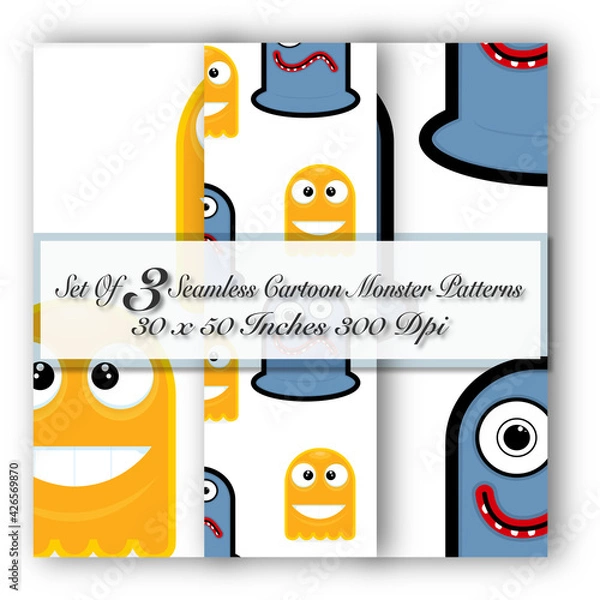 Fototapeta Set Of 3 Seamless Cartoon Monster Patterns