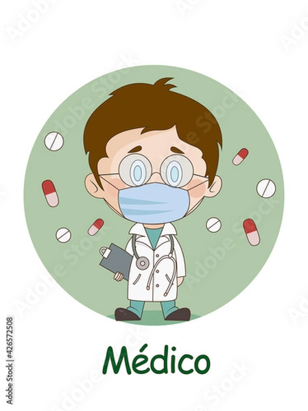 Fototapeta Illustration of a doctor as part of the children's alphabet with the word "doctor" in Spanish