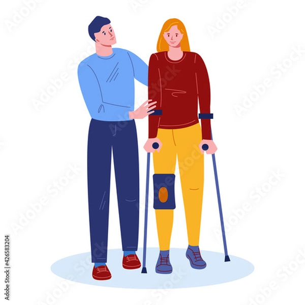 Fototapeta Girl with a damaged knee on crutches. A guy friend supports her, helps. Vector illustration in flat cartoon style. Isolated on a white background.