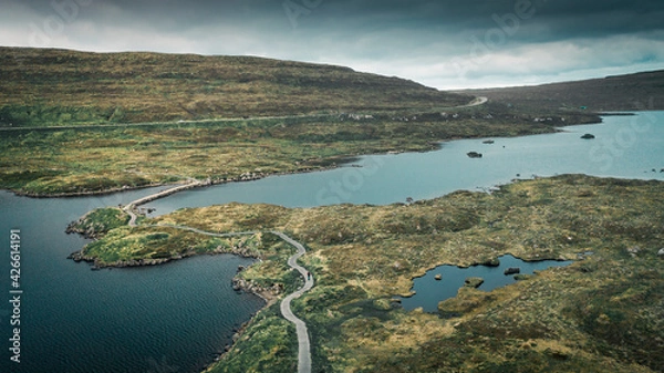 Fototapeta Panorama of Lake Toftavatn with hiking trail from above, Runavik, island Eysturoy, Faroe Islands.
