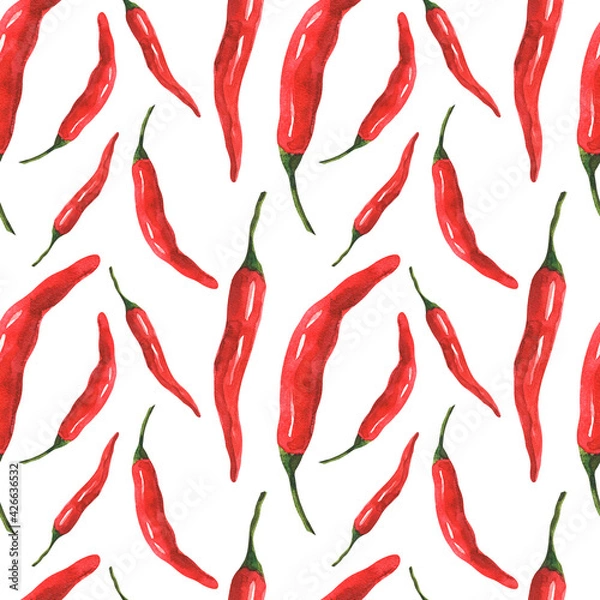 Fototapeta Hot chili peppers. Red bell pepper on a white background. Seamless watercolor print with vegetables.
