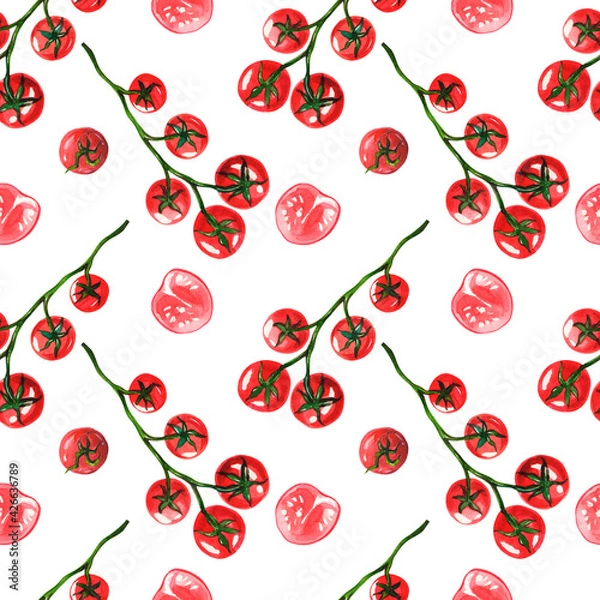 Fototapeta Seamless watercolor pattern with cherry tomatoes on a branch. Red tomatoes on a white background. Print with vegetables.