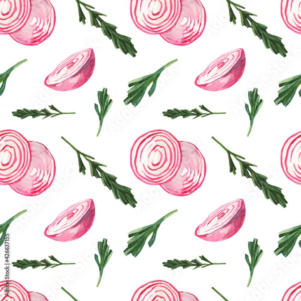 Fototapeta Red onion rings and rosemary on a white background. Seamless watercolor pattern. Vegan print for cafes and restaurants. Purple onions.