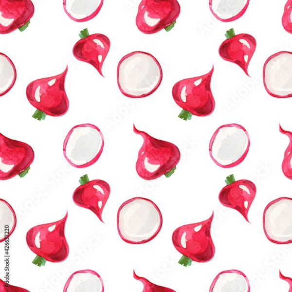 Fototapeta Radish pink and sliced radish on a white background. 
Seamless watercolor pattern. Vegan print for kitchens and cafes.
