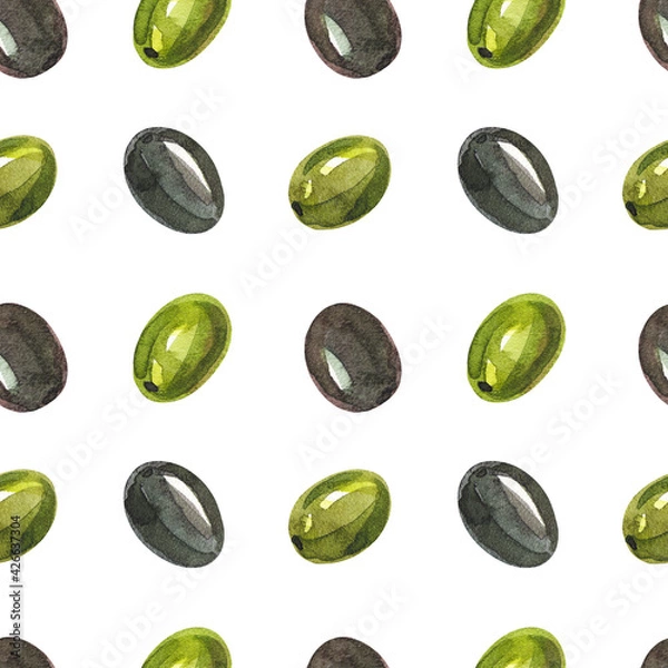 Fototapeta Green olives and black olives on a white background. Seamless watercolor pattern. Vegan print for cafes and kitchens. Mediterranean Kitchen.