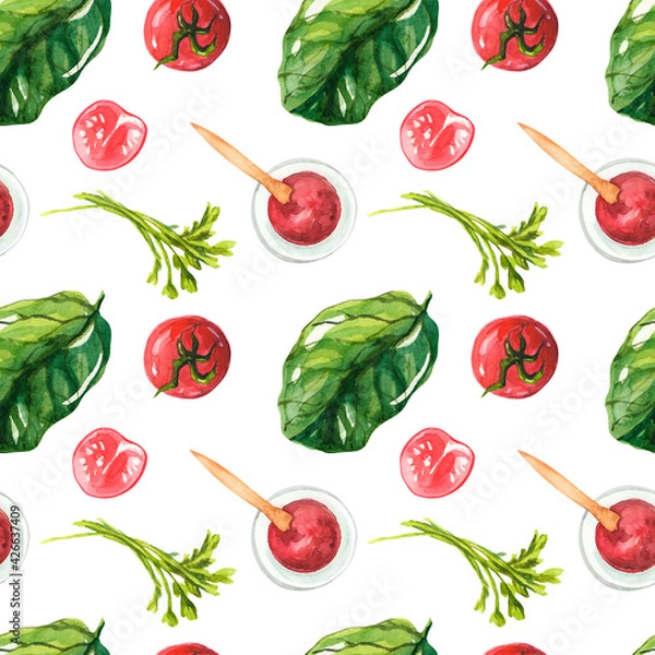 Fototapeta Seamless watercolor pattern. Tomato sauce, tomatoes, herbs and spinach. Vegan print for kitchens and cafes. Organic vegetables on a white background.