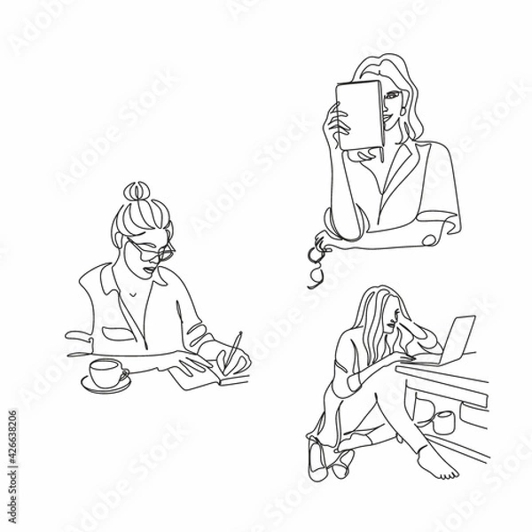 Fototapeta One continuous line drawing of young serious female worker sitting pensively while watching laptop screen at work desk. Business analyze concept. Single line draw graphic design vector illustration
